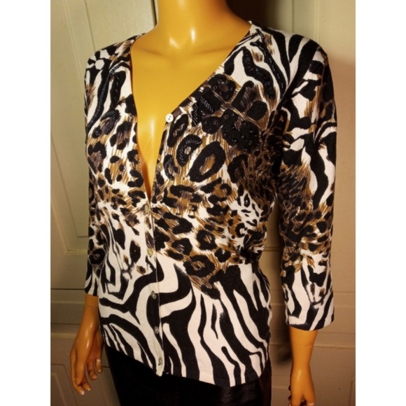 Beaded sequined animal print cardigan sweater leopard cheetah zebra - Picture 3 of 9